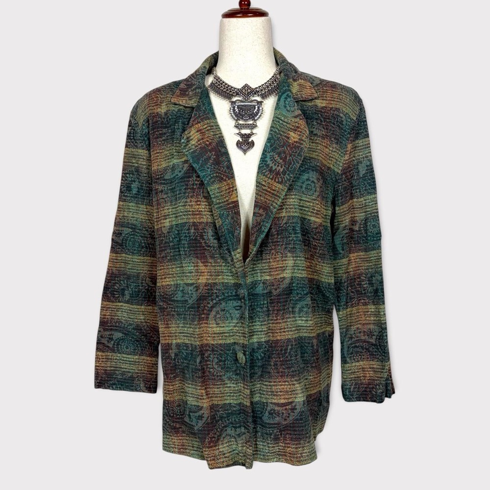 90s Vintage Plaid Paisley Blazer Jacket Small Oversized Preppy Academia Grunge